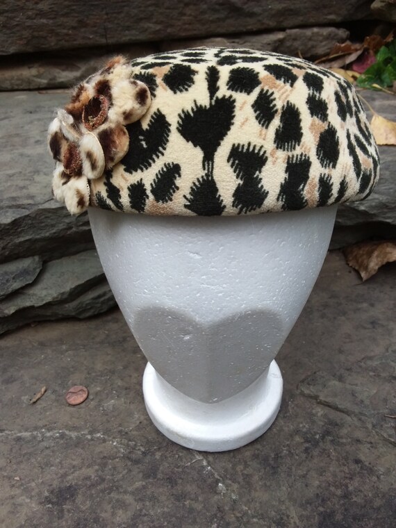 Vintage Faux Leopard Print Pill ox Hat, Fully Lin… - image 1