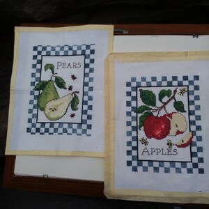 Vintage Completed Apple and Pear Cross Stitch Samplers, Set of 2, Not Framed, 1990s