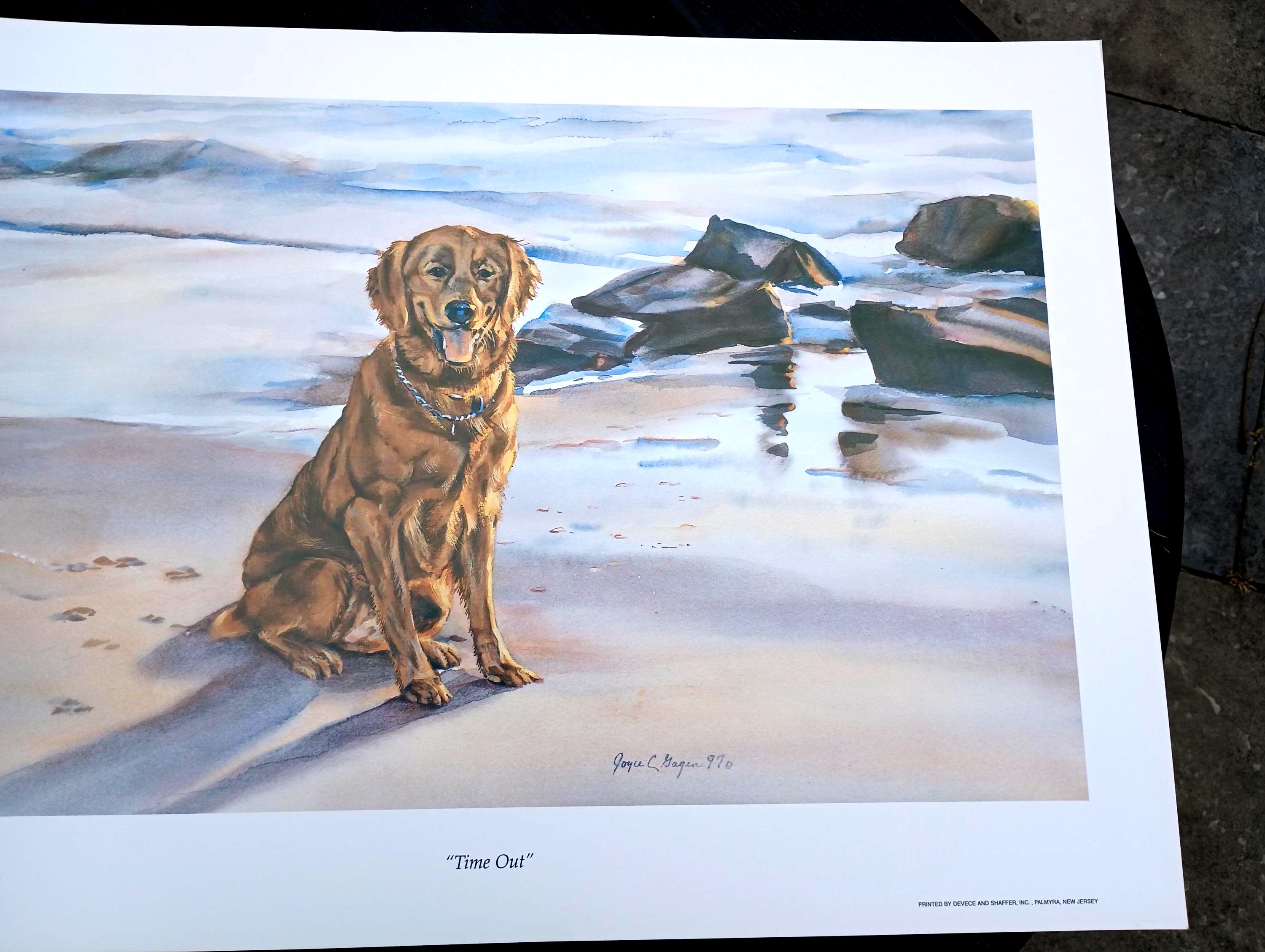 Vintage Joyce Gagen Golden Retriever on Beach Art Print, "Time Out", 1997
