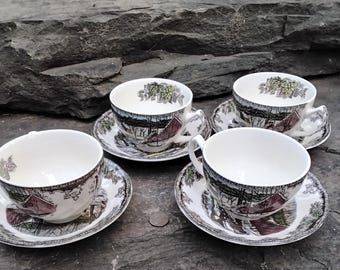 Vintage Johnson Brothers Friendly Village Four Teacups and Saucers Winter Scene, 1950s