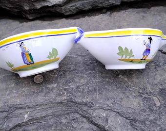 Vintage Henriot Quimper Gravy/Sauce Bowls: Breton Man & Woman, Set of 2