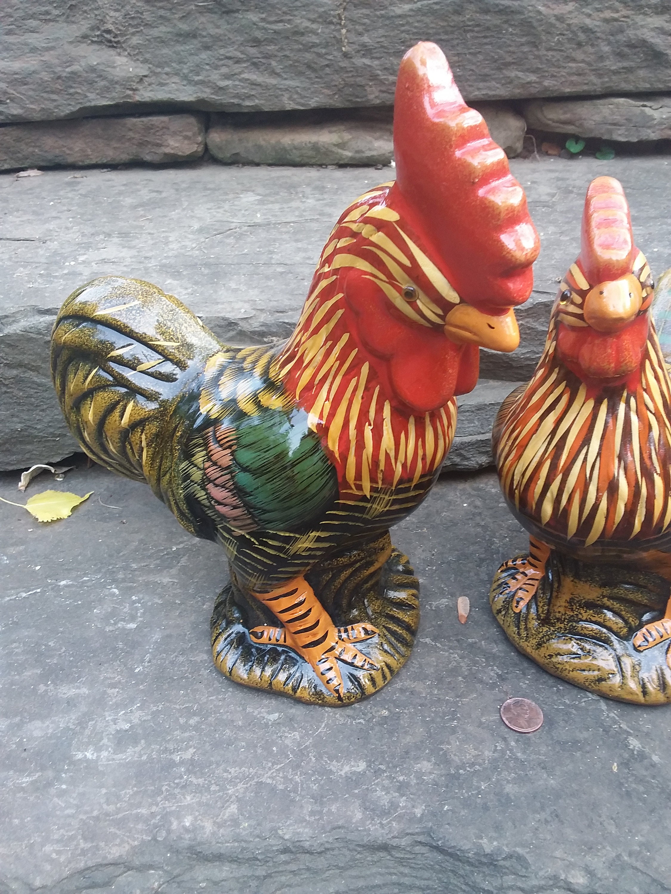 Vintage Colorful Ceramic Rooster and Hen Figurines from Dept