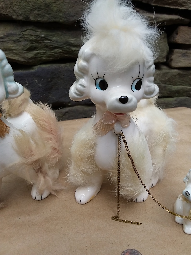 Vintage Porcelain Poodle Dog Family Figurines With Rabbit Fur Etsy