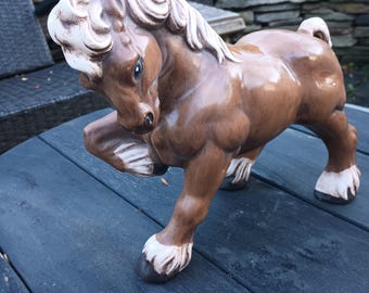 Vintage Hand Painted Ceramic Clydesdale Horse Figurine, From Mold Large