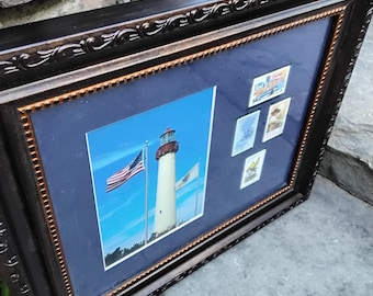 Vintage Framed Cape May NJ Lighthouse Photo with 4 New Jersey Stamps