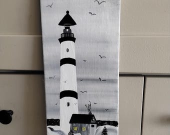 Vintage Original Acrylic Art on Canvas Board Lighthouse in Winte, Jo Galloway, 2003