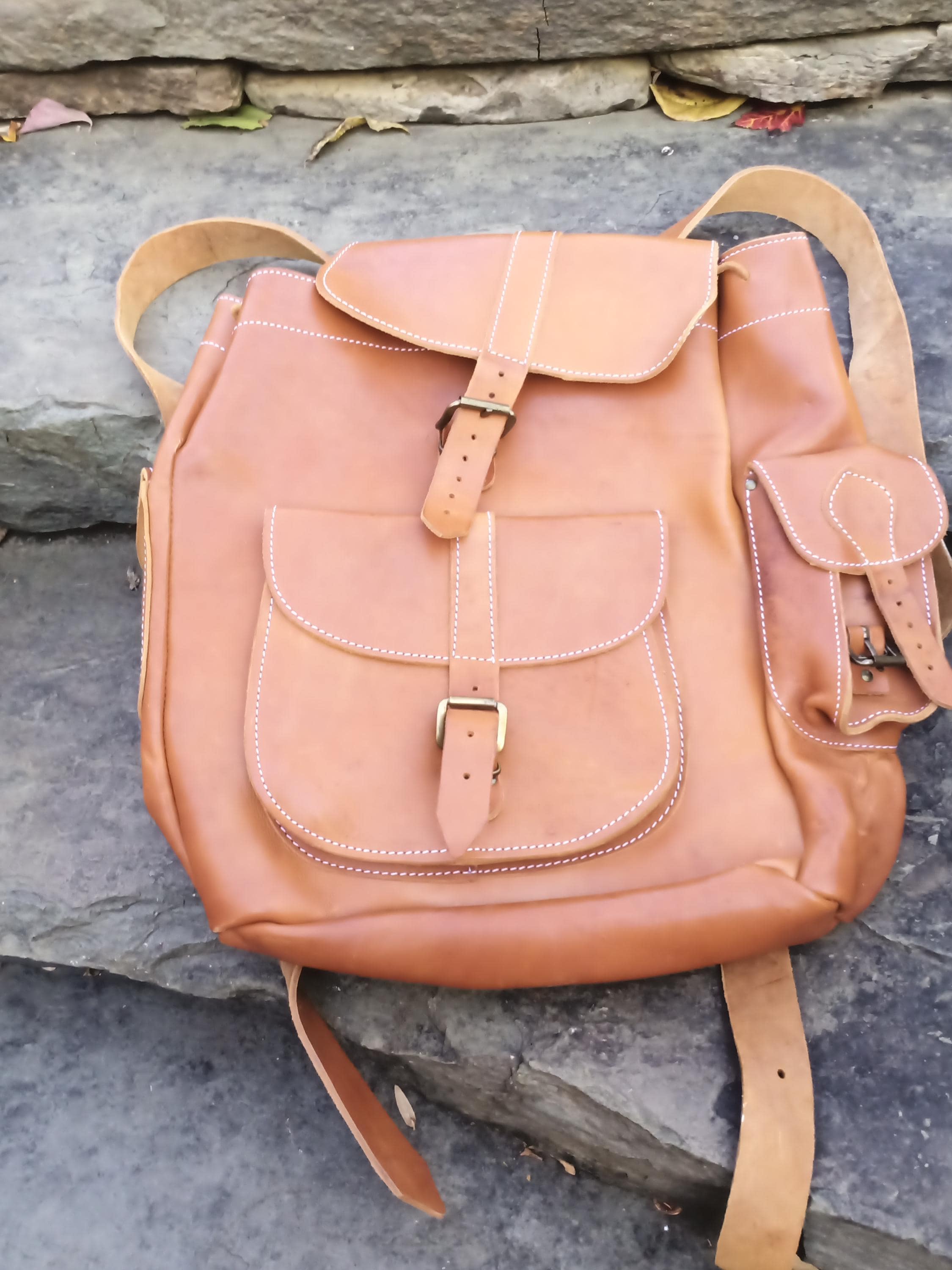 Vintage Ethic Handmade Leather Drawstring backpack Detroit Drawstring Backpack. Handmade Upcycled Leather Bag  main image 4