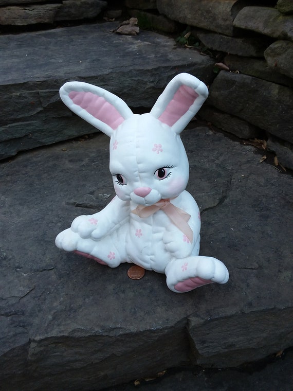 Vintage Ceramic Quilted Pink & White Baby Bunny Rabbit Figurine From Mold 