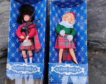 Vintage House of Nisbet Happy Dolls Scottish Piper, Highland Dancer, IOB, Peggy Nisbet