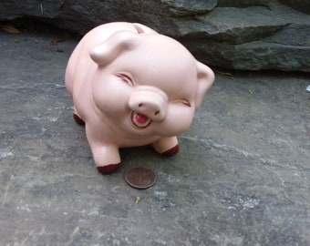 Vintage Happy Pink Pig Coin Bank, Ceramic, Taiwan