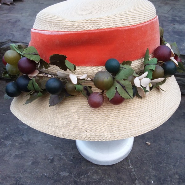 Vintage Finely Woven Bucket Style Cream Color Woven Straw Hat with Velvet Ribbon and Grapes and Flowers, Winery Party, Garden Tea Party Hat
