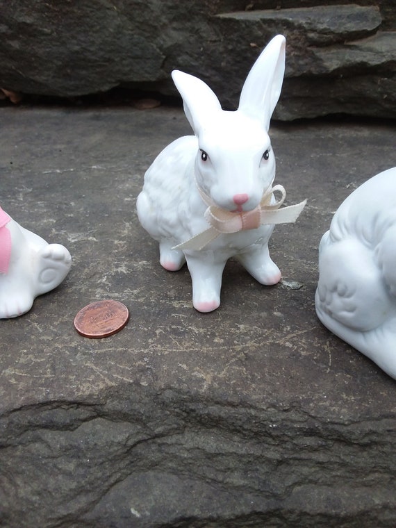 Vintage White Bunny Rabbit Figurines, Ceramic, Easter or Spring