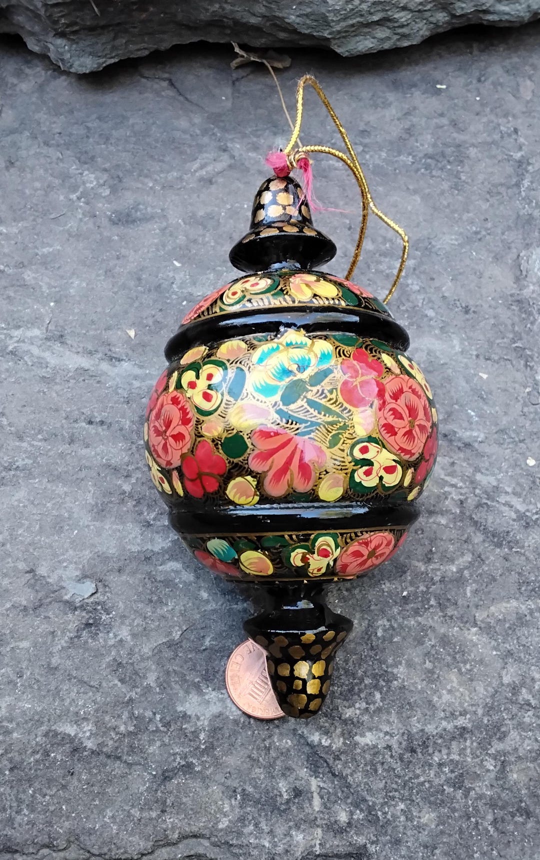 Vintage Russian Hand Painted Wood Black Laquered Floral Christmas