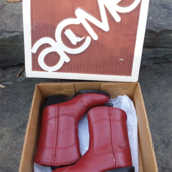 Vintage Acme Child Red Leather Cowboy Boots in Original Box, Size 4 1/2 D, Acme 1319