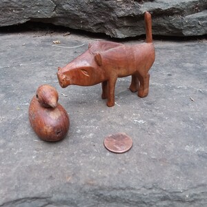 Vintage Wood Carved Duck and Wild Boar Figurines, Mini