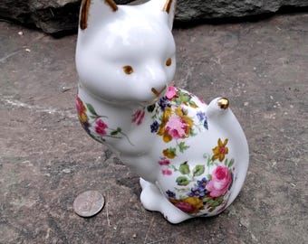 Vintage Crown White Floral Kitty Cat Figurine, Fine Bone China with Gold Accents