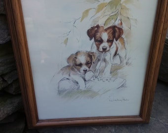 Vintage Jack Russel Puppies with Shoe Lithograph Framed by Paul Whitney Hunter