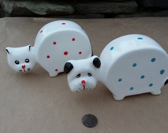 Vintage Polka Dot Ceramic Dog and Cat Coin Banks