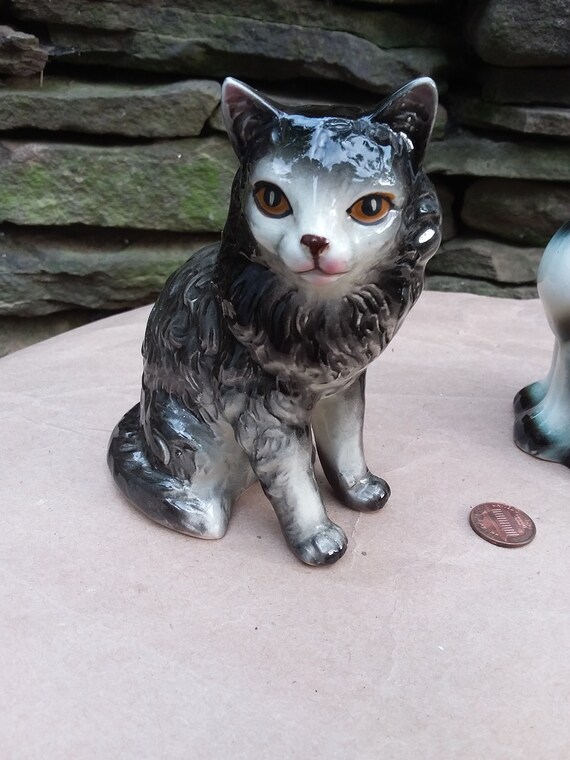 Grey Tabby Cat And Grey Black Persian Cat Porcelain Etsy