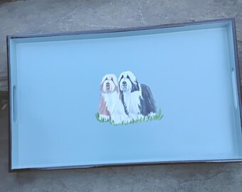 Vintage Mikasa Black Lacquer Tray: Hand-Painted Bearded Collies, Signed