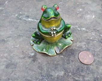 Vintage Bejeweled Frog Enamel Ring or Trinket Box, Hinged Lid, Magnet Closure