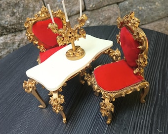 Vintage German Szalasi Spielwaren Chairs Table And Candelabrum Rococo Baroque Set of 4 Pieces
