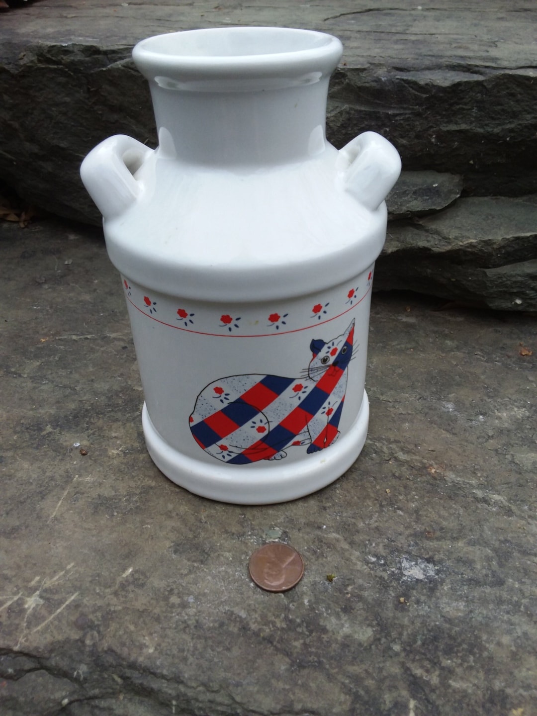 Vintage White Ceramic Milk Jug Vase or Utensil Holder Featuring a