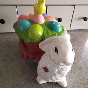 Vintage Ceramic Easter Bunny Rabbit Pulling Egg Cart Lidded Cany Dish, Hand Painted from Mold, 1980s