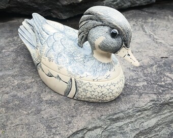 Vintage Faux Scrimshaw Wood Duck Trinket Box by Artek Inc, 1986
