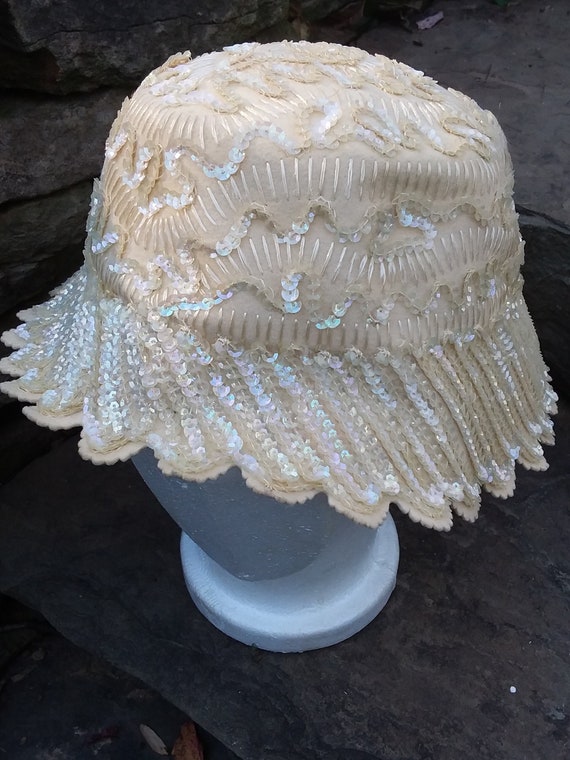 Vintage Will and Sequin Cream Color Cloche Hat,  1