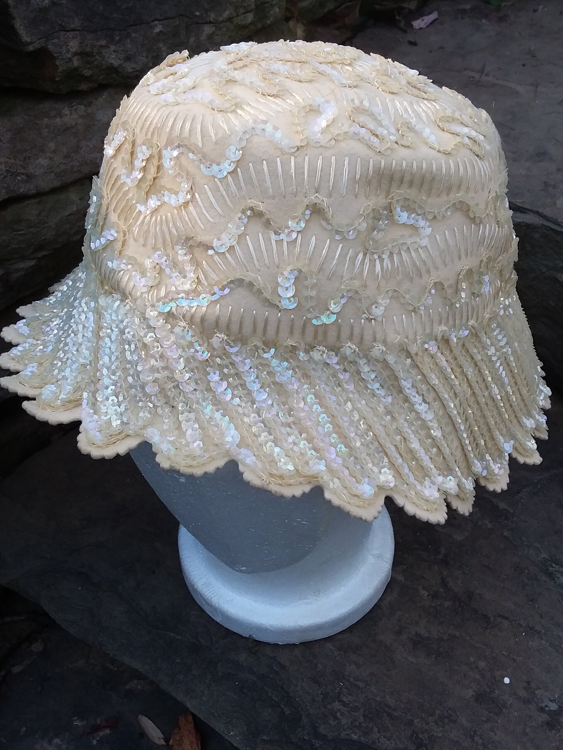 Cream true vintage hat sequins wool White Beanie Hat With Sequins / Sequin Embellished Hat  main image 4