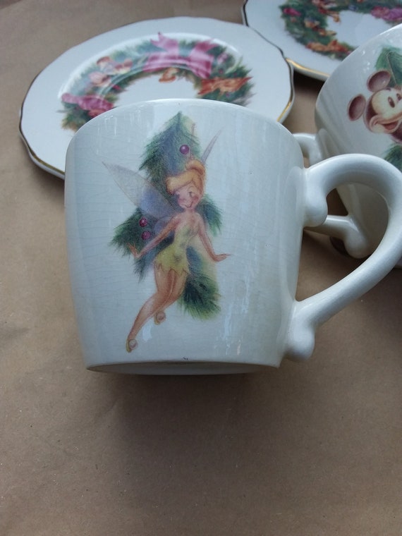 Vintage Disney Christmas China Mugs and Saucers, Set of 4