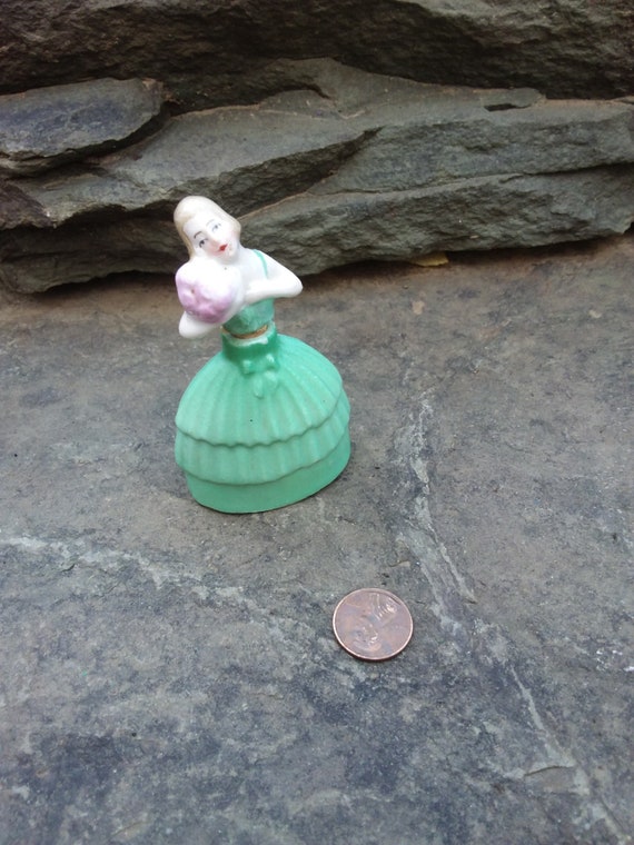 Vintage Porcelain Lady in Green Dress Mini Perfum… - image 1