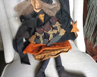 Vintage Handmade American Folk Art Witch Doll, Tall a shelf Sitter wit Black Cats
