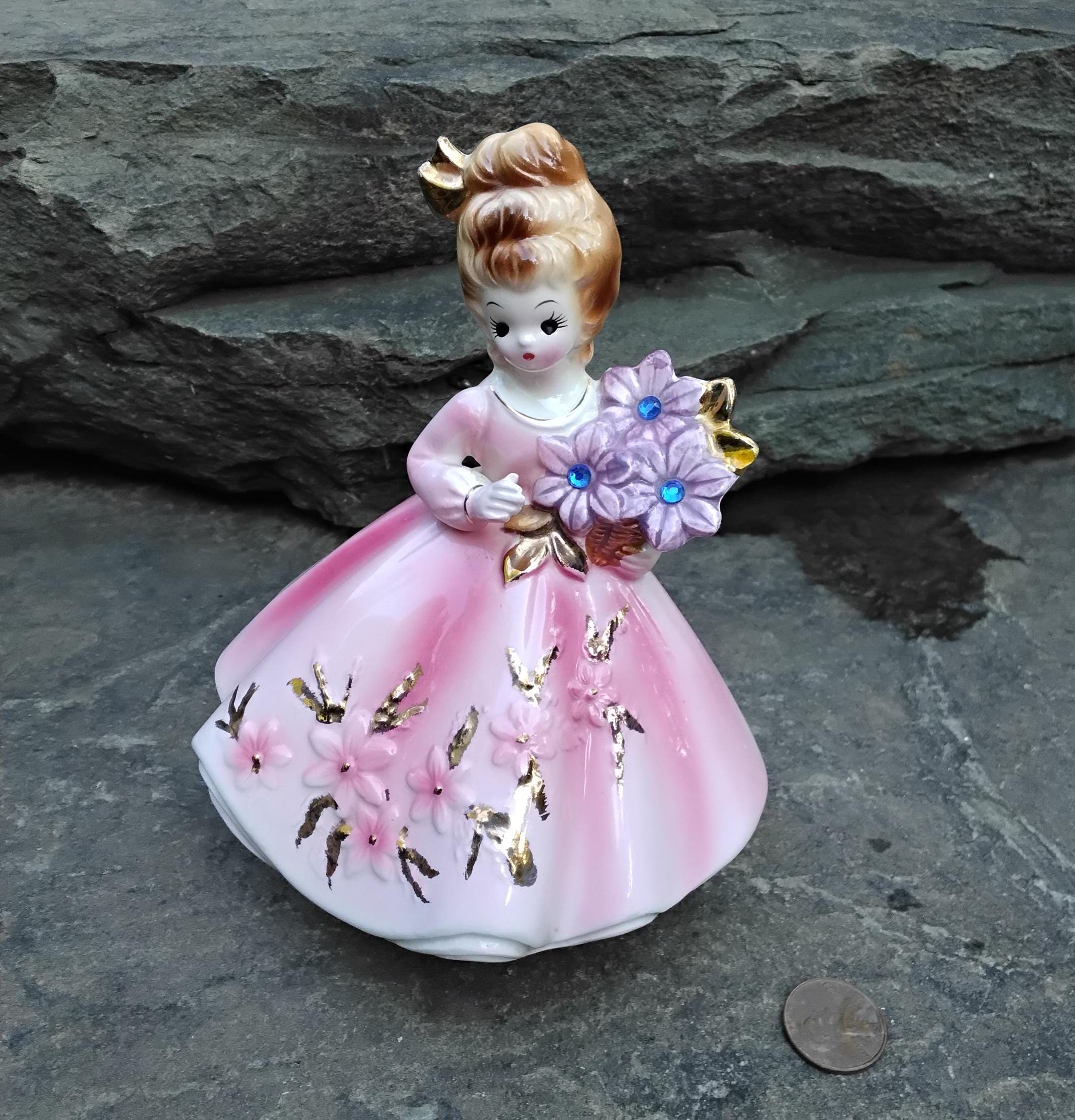 Vintage Josef Originals September Girl Music Box: Pink Dress, Blue