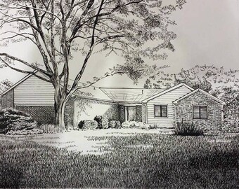 Custom Home Portrait in Ink Pen