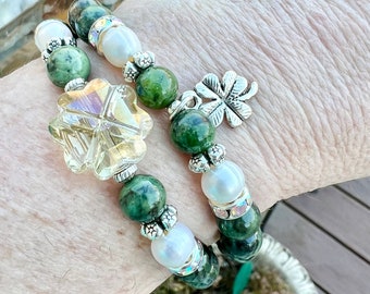 Shamrock bracelet, Irish jewelry, St Patricks Day, moss agate bracelet