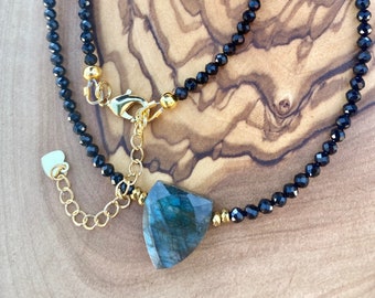 Labradorite pendant necklace, labradorite and black spinel necklace, black choker necklace