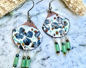 Hibiscus flower earrings, copper enamel earrings, aventurine dangle earrings, floral earrings