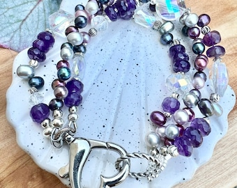 Amethyst bracelet, triple strand bracelet, pearl and crystal bracelet, heart clasp