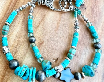 Turquoise bracelet, southwest style, double strand bracelet, boho bracelet, Czech bead bracelet