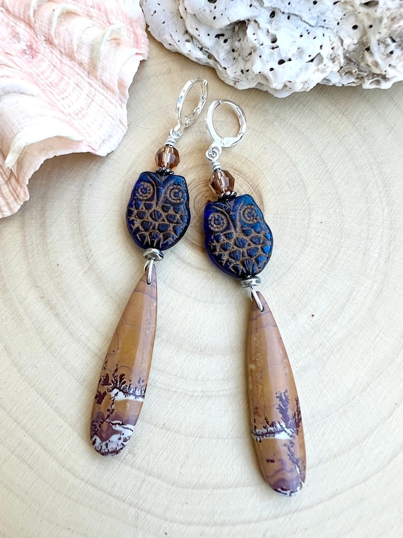 Owl earrings, rhyolite jasper drops with Swarovski crystal