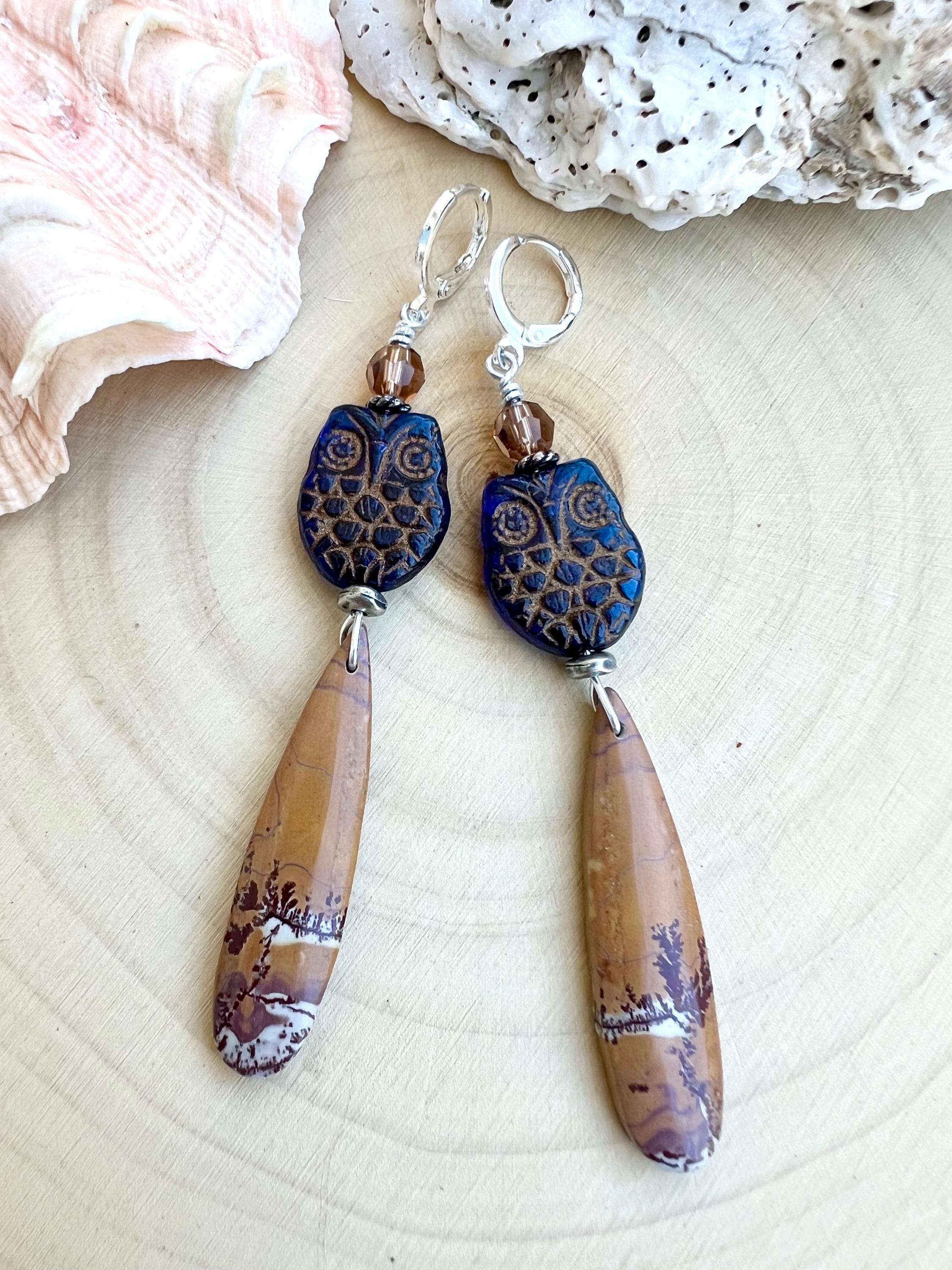 Owl earrings, rhyolite jasper drops with Swarovski crystal