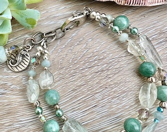 Aquamarine bracelet, blue green stone bracelet, green moonstone bracelet, double strand bracelet, seahorse charm bracelet