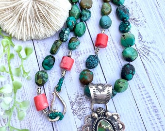 Hubei Turquoise & Coral Pendant Necklace: Hand Knotted Artisan Jewelry
