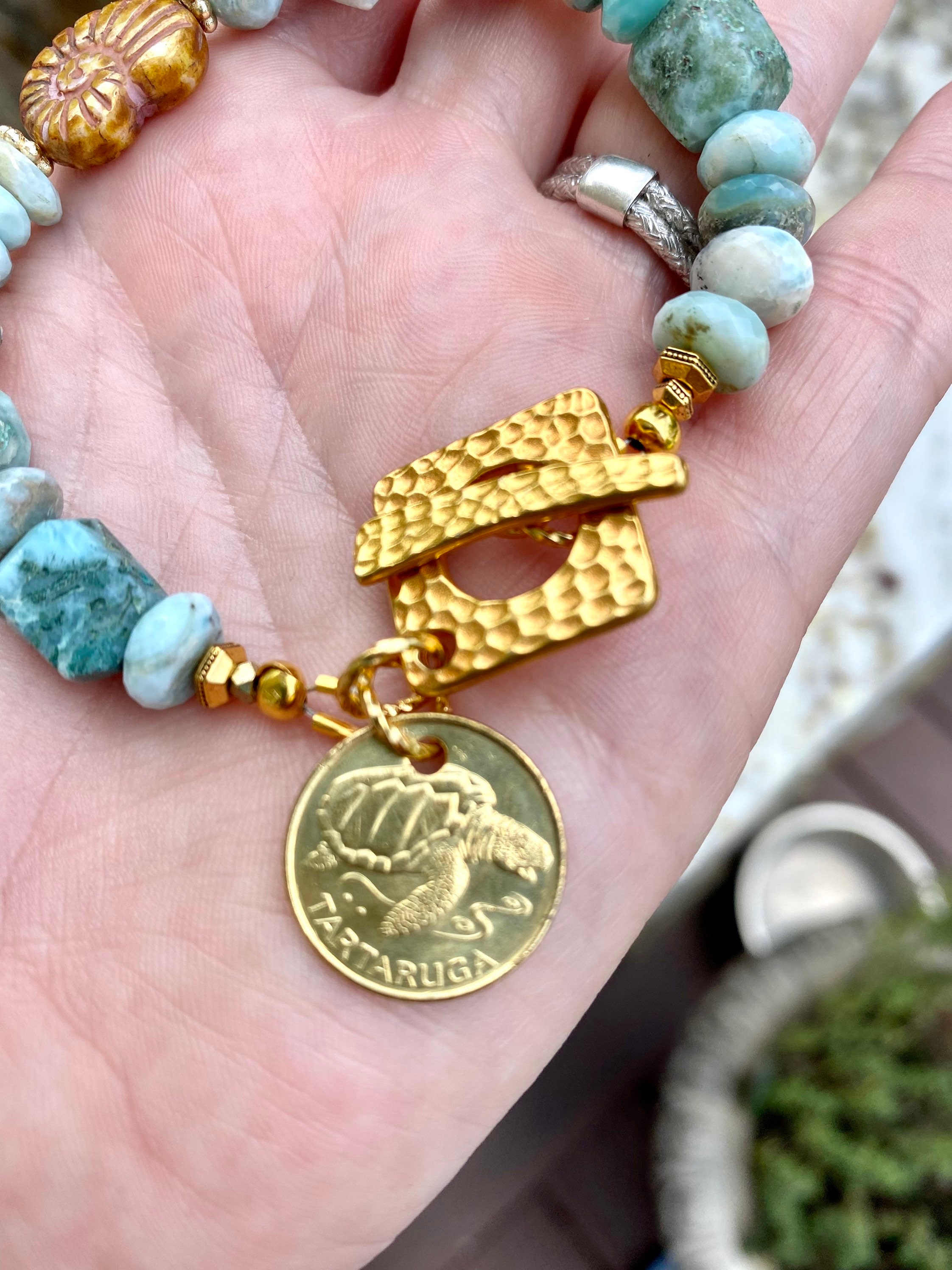 Turtle charm bracelet coin charm bracelet larimar bracelet Etsy