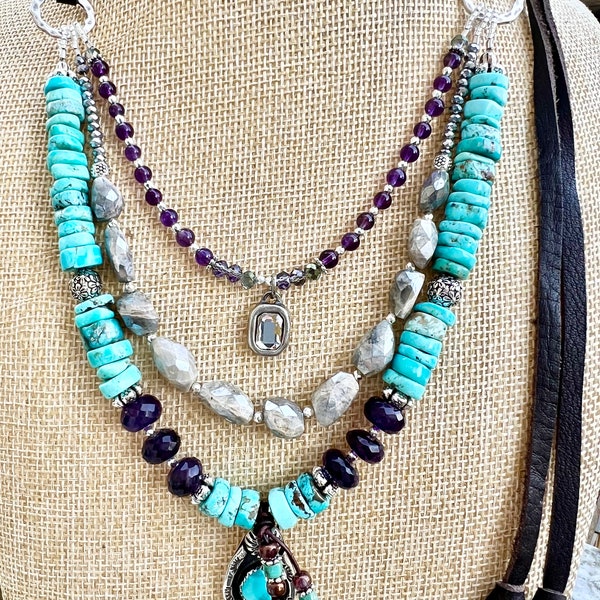 Multi strand necklace, turquoise and amethyst necklace, Sundance style necklace, leather necklace, adjustable length necklace