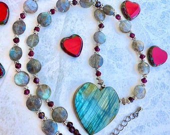Labradorite heart necklace, garnet necklace, pendant necklace, Valentines gift