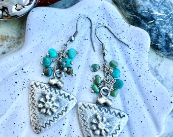 turquoise earrings, turquoise shield earrings, wire wrapped earrings, dangle earrings