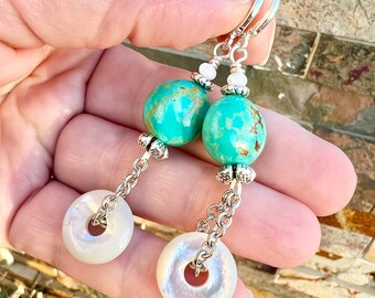 Turquoise earrings, Kingman turquoise earrings, dangle earrings, southwest style, drop earrings, mother of pearl earrings